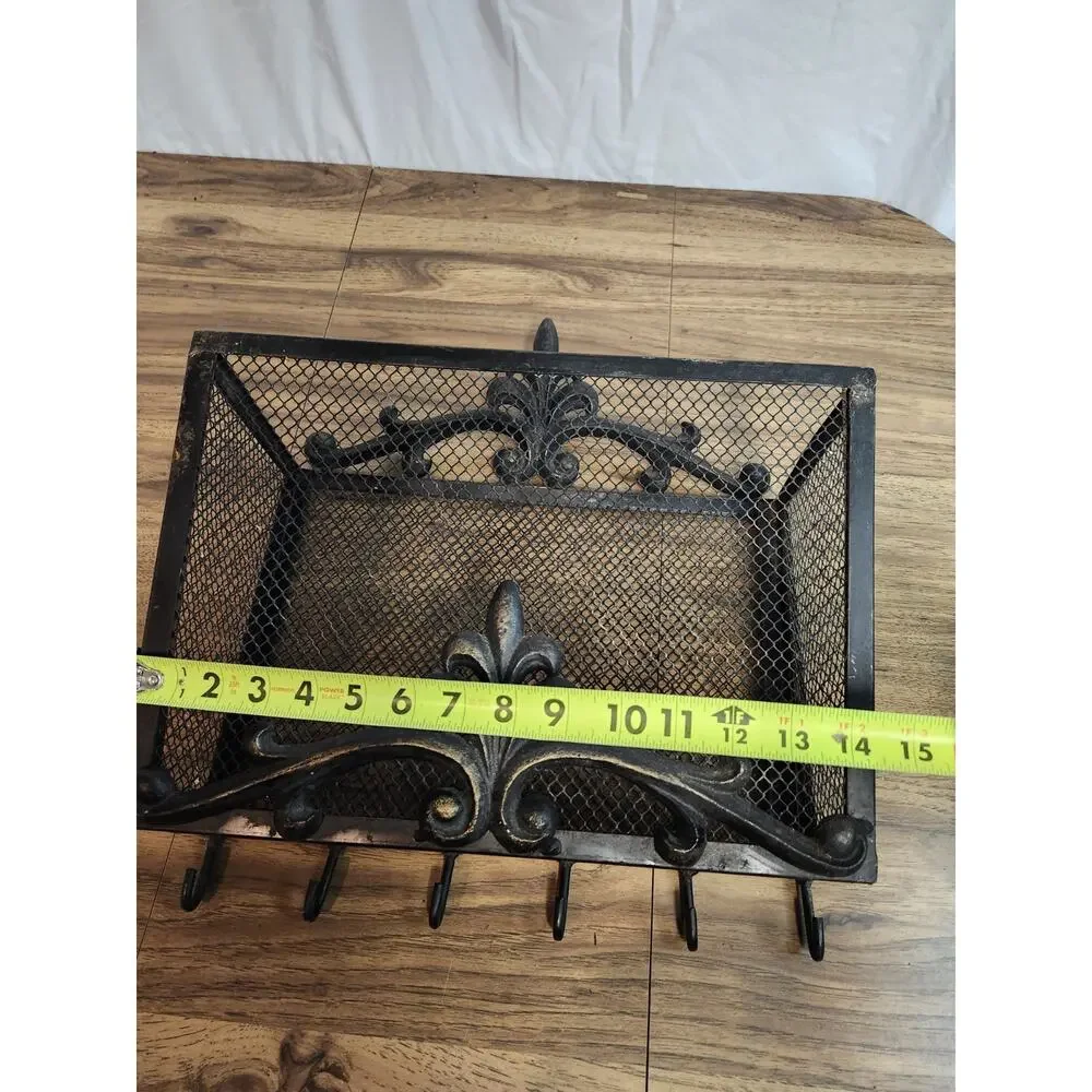 Vintage Black Hanging Wall Basket Storage Wrought Iron (?) Hooks Entry Way...